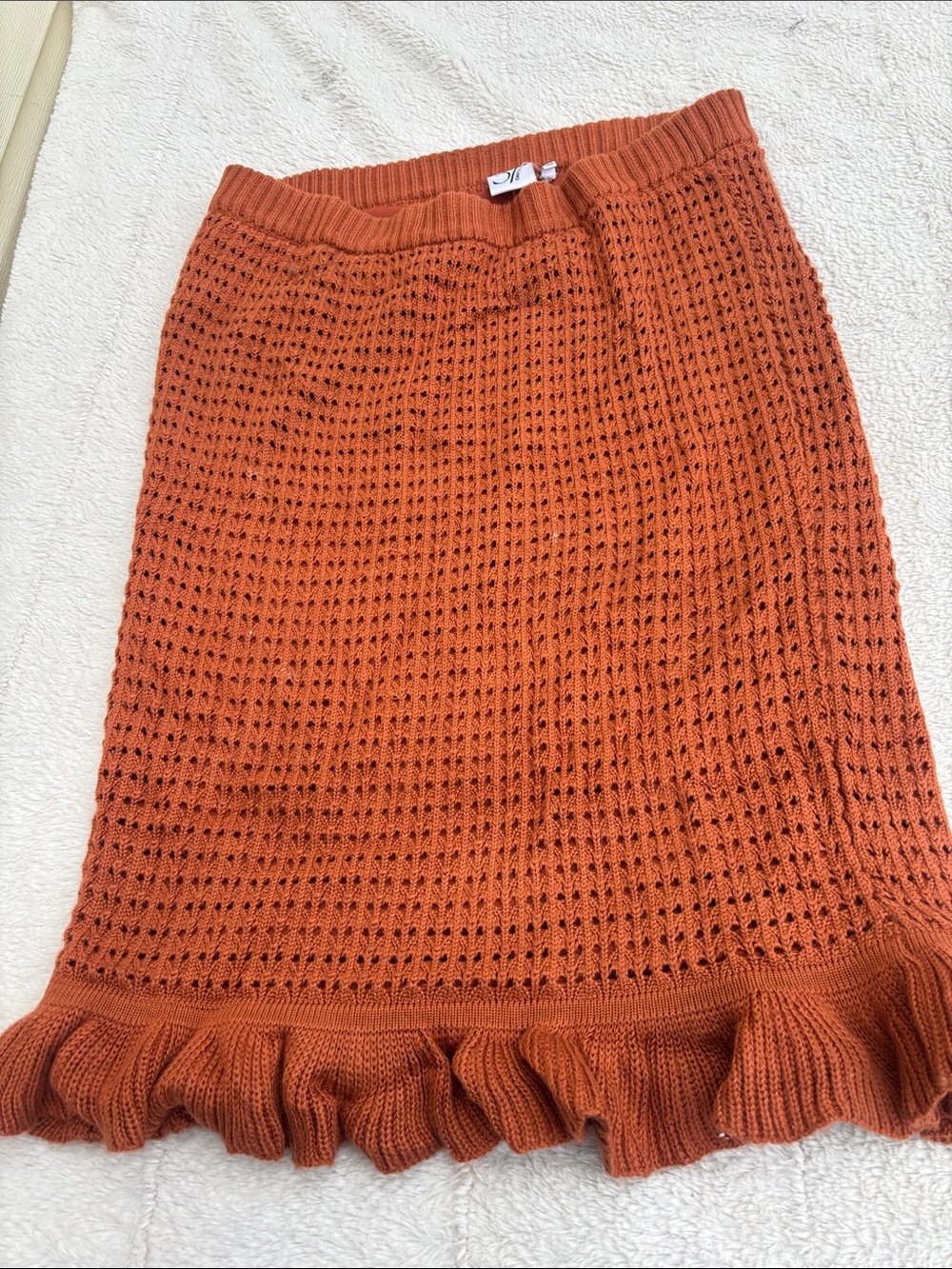 Open-Knit Rust Midi Skirt with Ruffle Hem